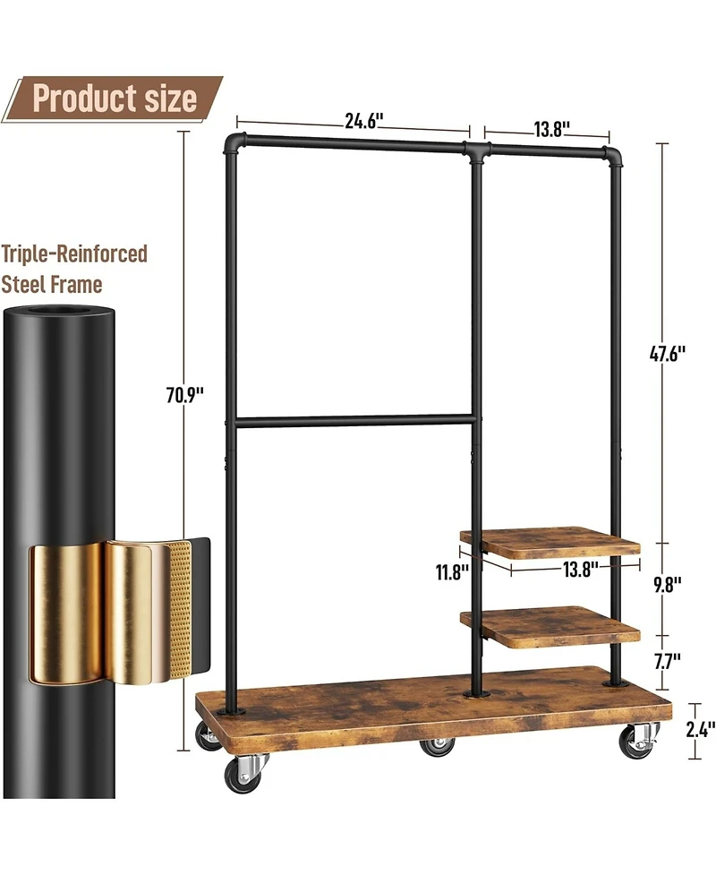 Raybee Clothes Rack, Heavy Duty Clothing Rack, Industrial Pipe Clothes Rack with Shelves, Rolling Garment Rack for Bedroom, Retail Store, Rustic