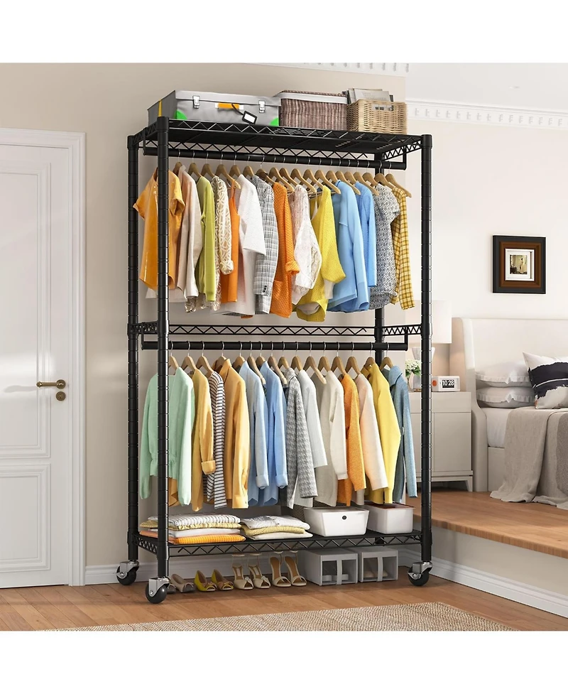 Raybee Clothing Rack with Wheels,Clothes Rack for Hanging Clothes,Portable Closet,2 Shelves