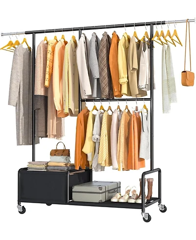 Raybee Clothes Racks for Hanging Clothes with Shelves, Adjustable Clothing Rack with Lockable Wheels, Heavy Duty Garment Racks for Hanging Clothes