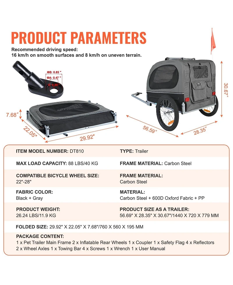 Cozito Foldable Pet Bike Trailer with Universal Coupler, Holds up to 88 lbs., Black & Gray