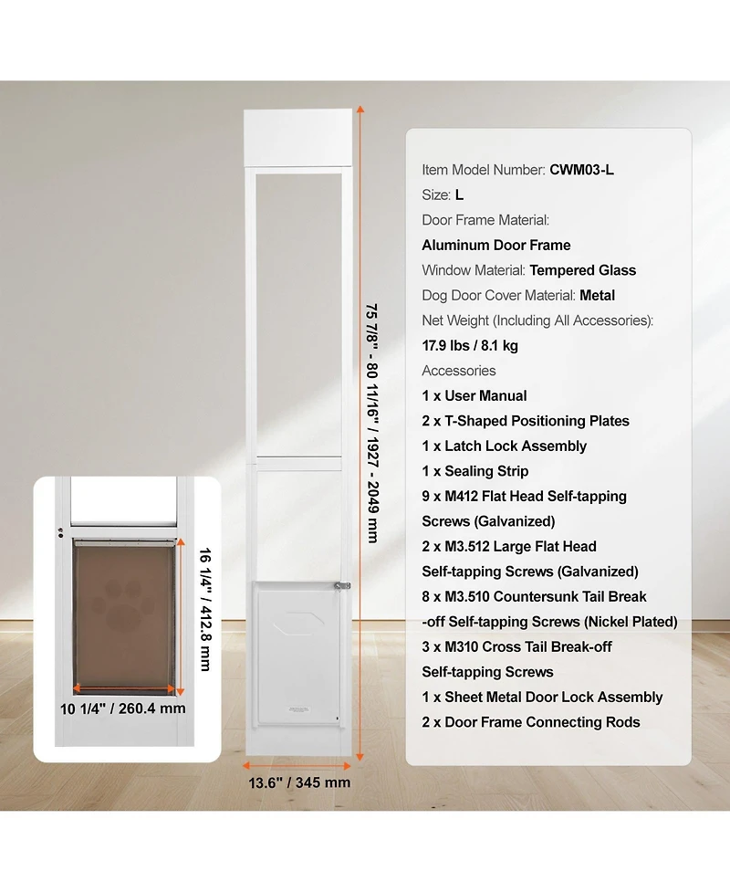 Aluminum Sliding Glass Pet Door Insert, Adjustable Height, Medium
