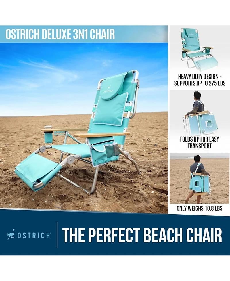 Ostrich Deluxe 3N1 Lightweight Outdoor Beach Lounge Chair w/Footrest, Aqua