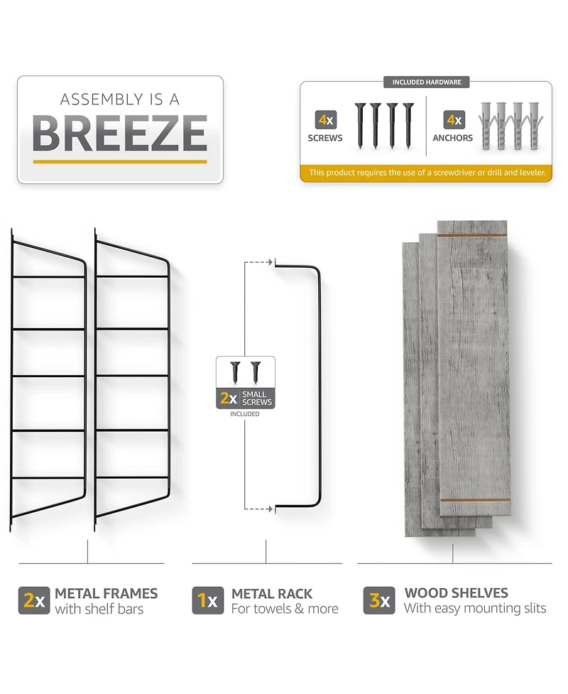 Sorbus 3-Tier Wooden Floating Shelves with Metal Brackets