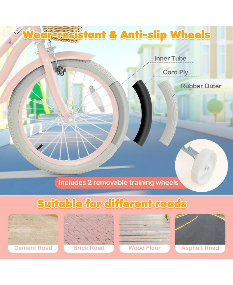 Sugift 18 Inch Kids Bike with Training Wheels and Adjustable Handlebar Seat-Pink