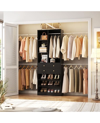 Aheaplus 2.4-8 Ft Wide Adjustable Closet Organizer, System with 2 Drawers, 5 Hanging Rods, Shoe Racks and Shelves