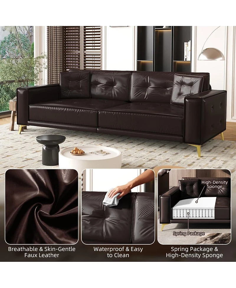 Maison Boucle 92" Faux Leather King Size Convertible Pull-Out Sleeper Sofa Bed with Wide Armrests & Pillows, 4-Seater