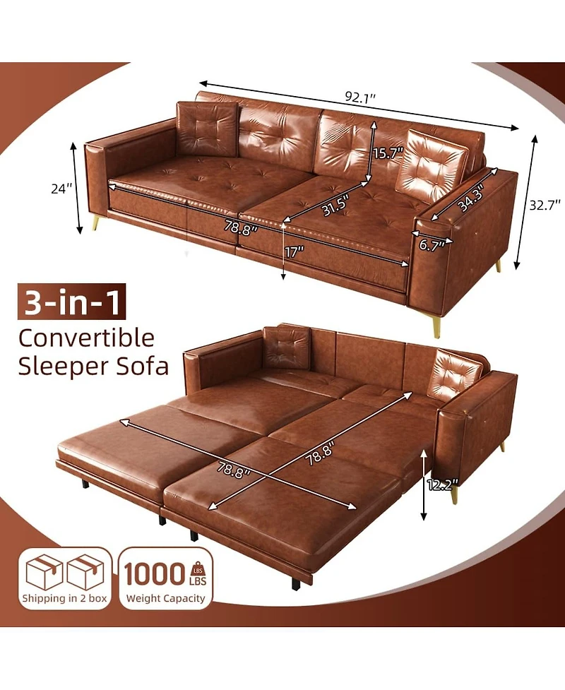 Maison Boucle 92" Faux Leather King Size Convertible Pull-Out Sleeper Sofa Bed with Wide Armrests & Pillows, 4-Seater