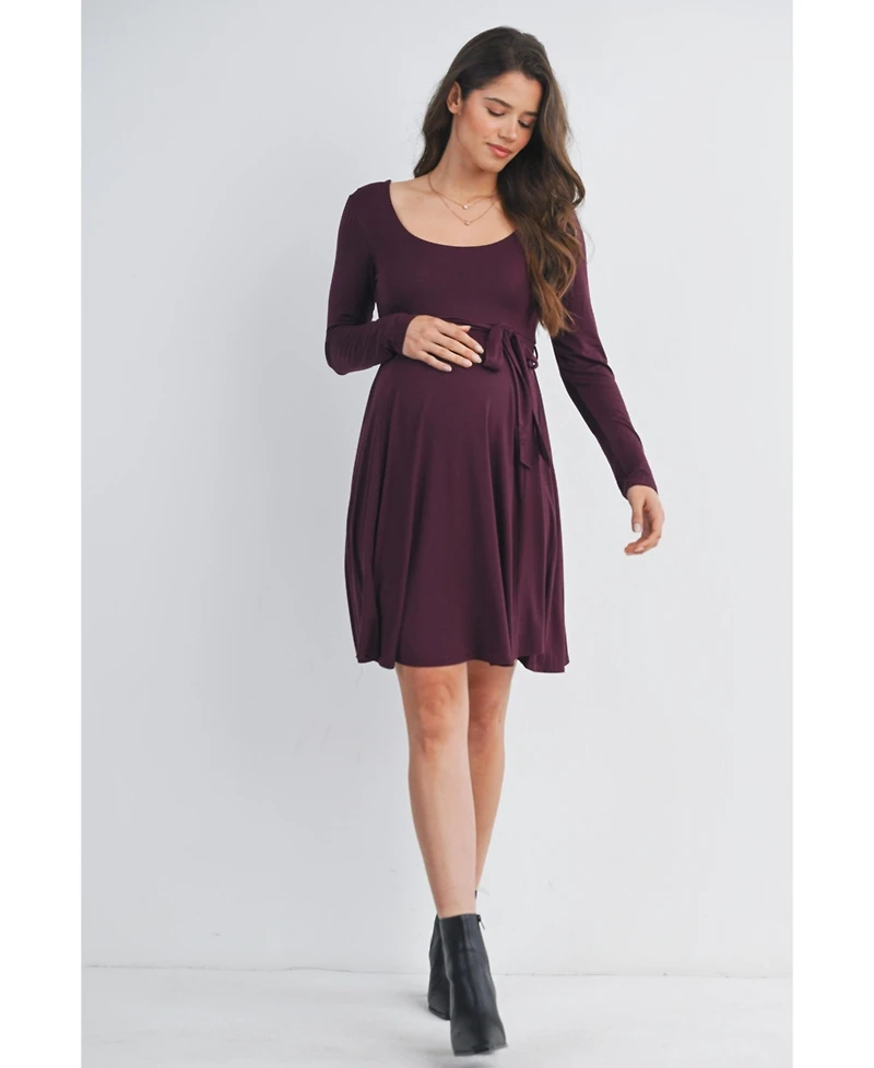 Hello Miz Maternity Scoop Neck Long Sleeve Tie Waist Dress