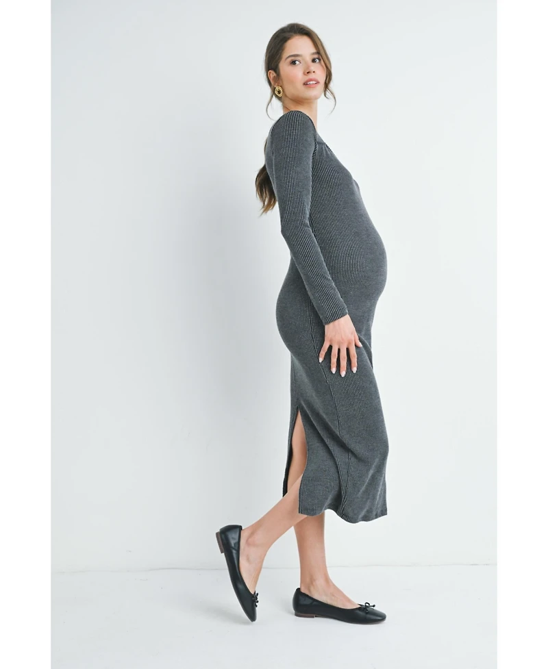 Hello Miz Maternity Sweatheart Long Sleeve Back Slit Ribbed Midi Dress