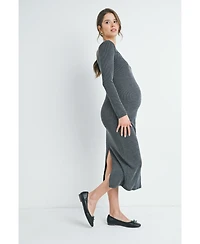 Hello Miz Maternity Sweatheart Long Sleeve Back Slit Ribbed Midi Dress