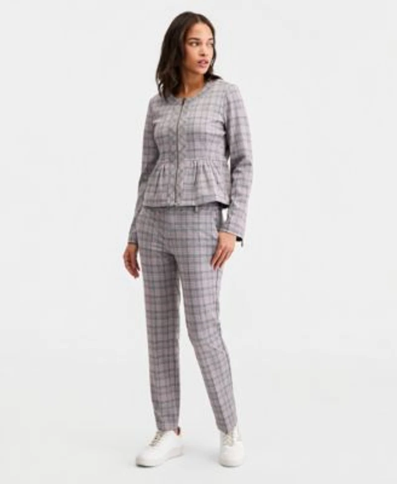 Liverpool Los Angeles Womens Glen Plaid Peplum Jacket Kelsey Glen Plaid Straight Leg Pants