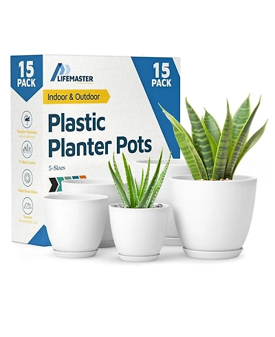 Lifemaster 15-pack white plant pots with drainage & saucers, stackable, durable, weatherproof for indoor/outdoor use