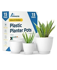Lifemaster 15-pack white plant pots with drainage & saucers, stackable, durable, weatherproof for indoor/outdoor use