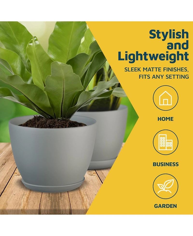 Lifemaster Planter Pots with Drainage Holes, Lightweight, Durable & Space-Saving Indoor & Outdoor Plastic Planters, Modern Design, Set of 5, Gray