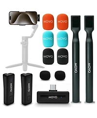 Movo Wireless Mini Uc Duo Dual Ultra Compact Wireless Lavalier Microphones for iPhone 15 and up with Handheld Adapter