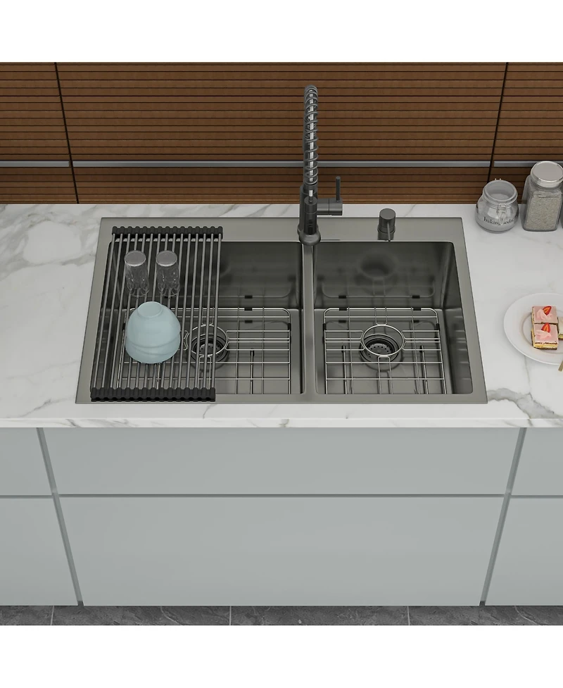 flynama 33x22x10inch Gunmetal Black Double Bowl Kitchen Sink Drop In Stainless Steel 16 Gauge 60 and 40