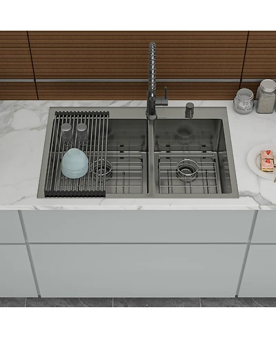 flynama 33x22x10inch Gunmetal Black Double Bowl Kitchen Sink Drop In Stainless Steel 16 Gauge 60 and 40