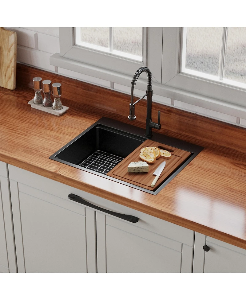 flynama 30inch Drop In Black Workstation Kitchen Sink 16 Gauge Stainless Steel with Full Accessories