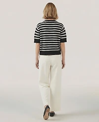 Naadam Women's Short-Sleeve Striped V-Neck Cardigan