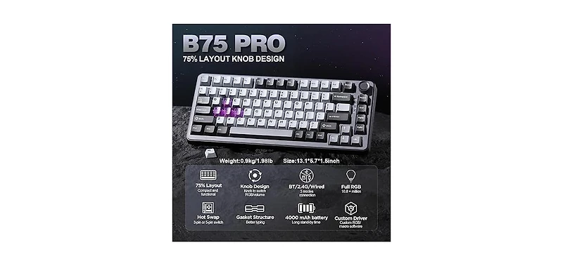 Lofree B75 Pro Wireless Mechanical Keyboard,75% Gaming Keyboard Gasket Hot Swap Custom with Knob,Pre-lubed Switches Rgb,Bluetooth/Type-c/2.4G