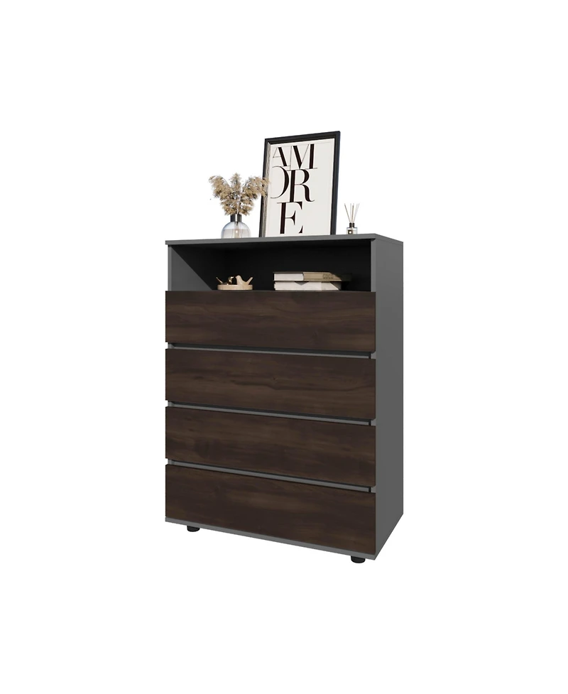 Fm Furniture Tokio 4 Drawer Dresser with Open Shelf, Stained Walnut