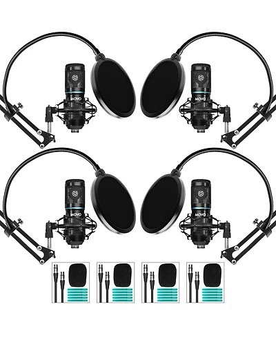 Movo 4-Pack Universal Cardioid Podcasting Microphone Bundle with Articulating Scissor Arm and Pop Filter for Xlr Outputs