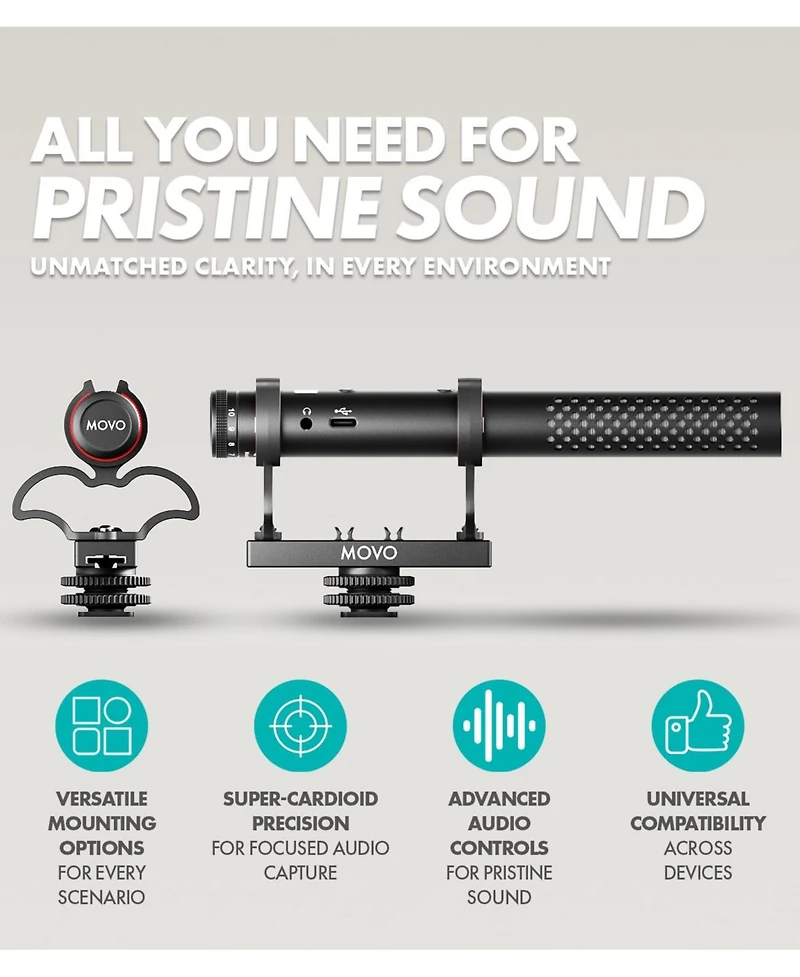 Movo X1 Supercardioid Shotgun Microphone - 3.5mm/Xlr/Usb-c Camera Mic for Dslr, Smartphones, and Computers