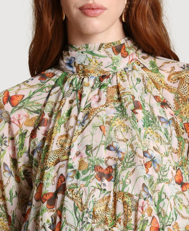 Avec Les Filles Women's Printed Tie Neck Top