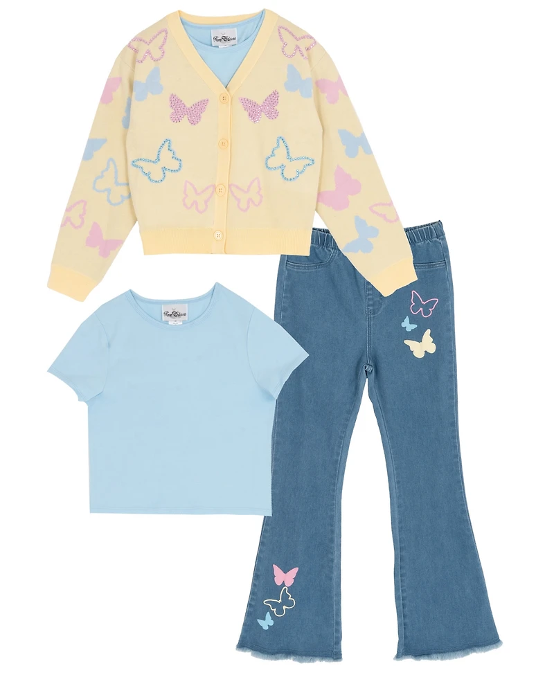 Rare Editions Girls' 7-16 Button Down Sweater with T-Shirt and Flare Pants, 3-Piece Set