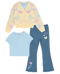 Rare Editions Girls' 7-16 Button Down Sweater with T-Shirt and Flare Pants, 3-Piece Set