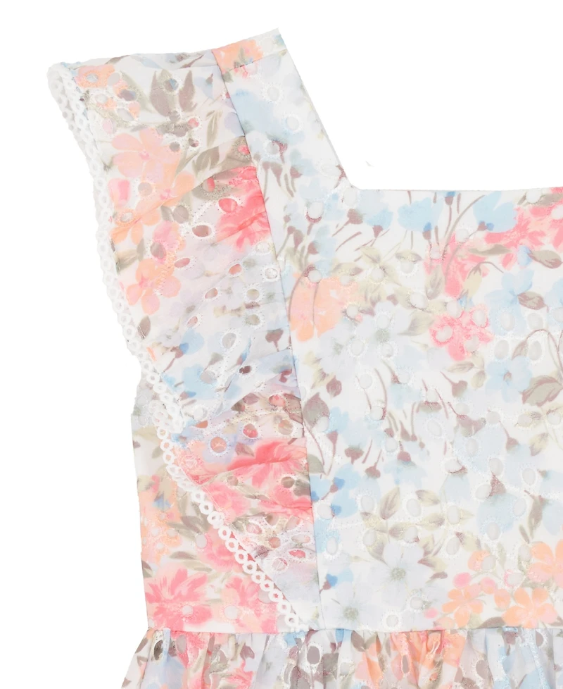 Rare Editions Girls' 2T-6X Printed Eyelet Square Neck Ruffle Dress