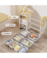 Jujabu Kids Bookshelf and Toy Storage 4 Tier Organizer with 8 Removable Storage Bins for Study Room Bedroom Kids Room Classroom Nursery