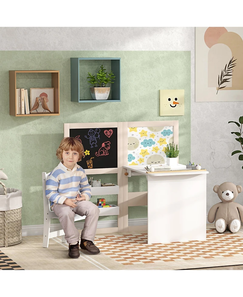 Jujabu Kids Table and Chair Set 3 in 1 Art Table with Storage Shelves Foldable Blackboard Whiteboard Roll Paper for Kids 3-8 Years White