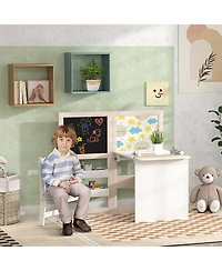 Jujabu Kids Table and Chair Set 3 in 1 Art Table with Storage Shelves Foldable Blackboard Whiteboard Roll Paper for Kids 3-8 Years White