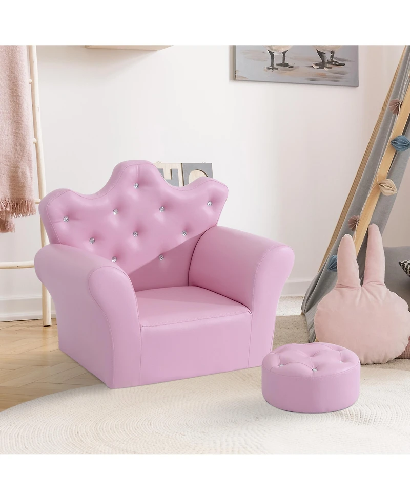 Jujabu Kids Sofa Set Upholstered Children Sofa with Footstool Princess Sofa with Diamond Decorations for Toddlers Girls Pink