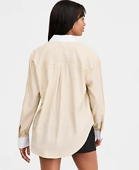 Bar Iii Women's Contrast-Collar Striped Shirt, Macy's Exclusive
