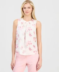 Anne Klein Womens Printed Pleated Neck Sleeveless Top