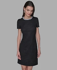 Knit Tweed Shift Dress with Crew Neckline Pearl Trim