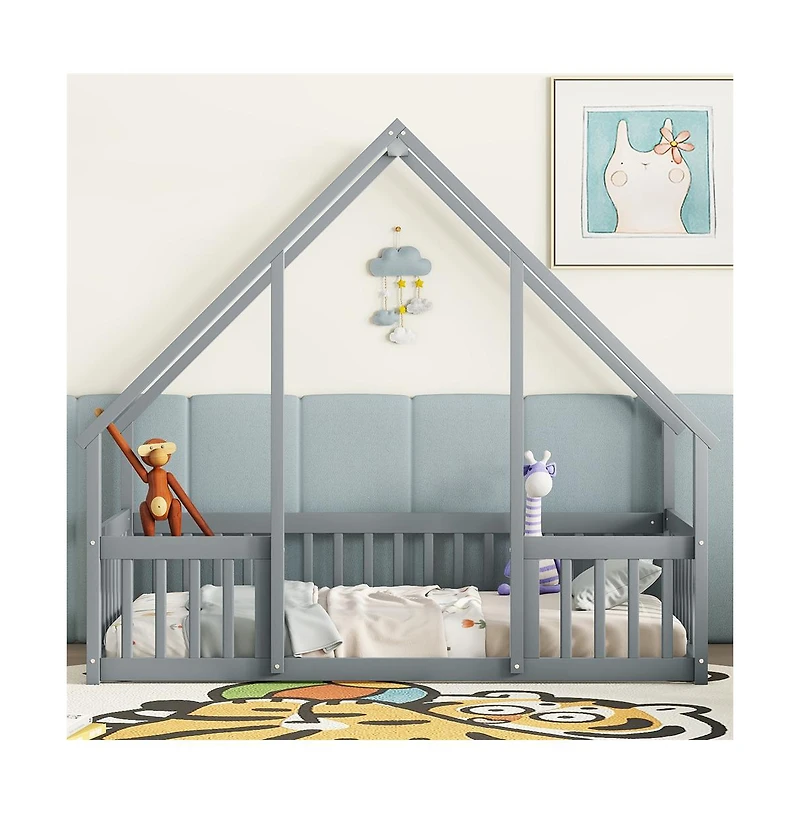 Cesicia Twin Wood House-Shaped Floor Bed with Safety Fence & Roof Frame Kids for Bedroom Playroom