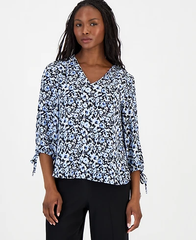 Anne Klein Essentials Petite Printed 3/4-Sleeve V-Neck Top