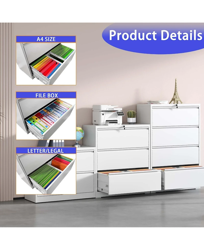 Boyel Living Lateral File Cabinet 2 Drawer, White Filing Cabinet with Lock, Locking Metal File Cabinet for Legal/Letter/A4/F4 Size