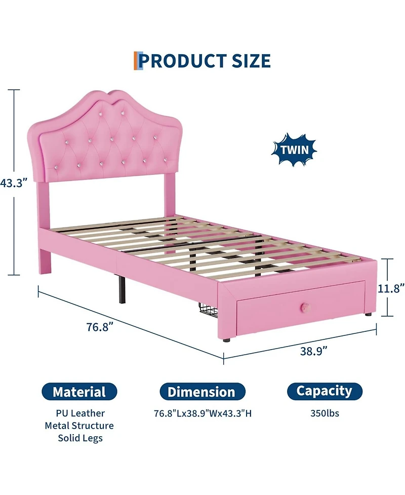 gaomon Twin Bed Frame with Led Lights, Velvet Crystal Headboard, Upholstered Kids Platform Drawer