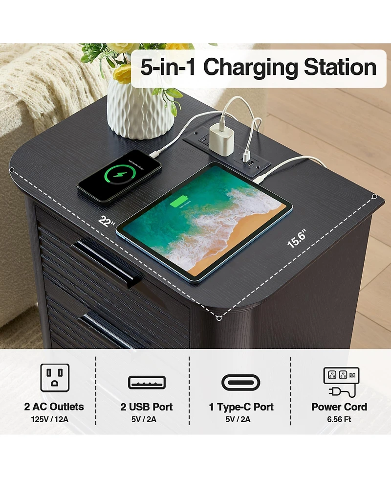 Cesicia Wood 22 in. Fluted Nightstand with Charging Station and 3 Drawer Dresser, Modern End Table for Living Room, Bedroom, Home Office