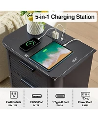 Cesicia Wood 22 in. Fluted Nightstand with Charging Station and 3 Drawer Dresser, Modern End Table for Living Room, Bedroom, Home Office