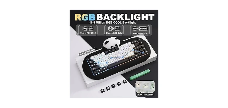 Lofree C68 Panda Wireless Mechanical Gaming Keyboard,68 Keys Cute Keyboard w/ Pbt Keycaps, Rgb Backlit, Hot Swappable Creamy with BT5.0/2.4G