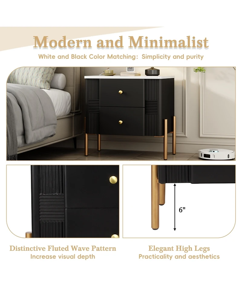 Cesicia Modern Mdf Nightstand with 2 Storage Drawer, Fluted Bedside Table Metal Handles and Legs for Living Room Bedroom, Easy Assembly