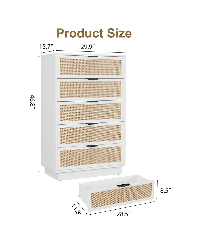 gaomon 5 Drawer Rattan Dresser for Bedroom, Integrated Cabinet Body & Legs Design