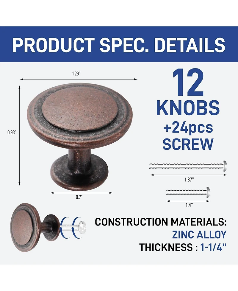 Lifemaster 12pcs 1-1/4″ Cabinet Knobs, Oil Rubbed Bronze Zinc Alloy Handles, Modern Design with Short & Adjustable Screws