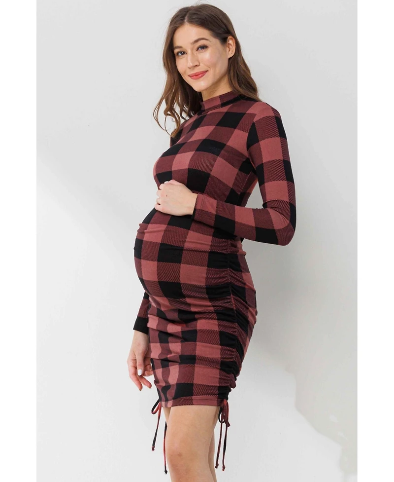 Hello Miz Maternity Bodycon Plaid Side Ruched Long Sleeve Dress
