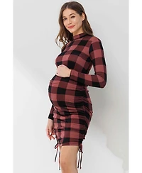 Hello Miz Maternity Bodycon Plaid Side Ruched Long Sleeve Dress